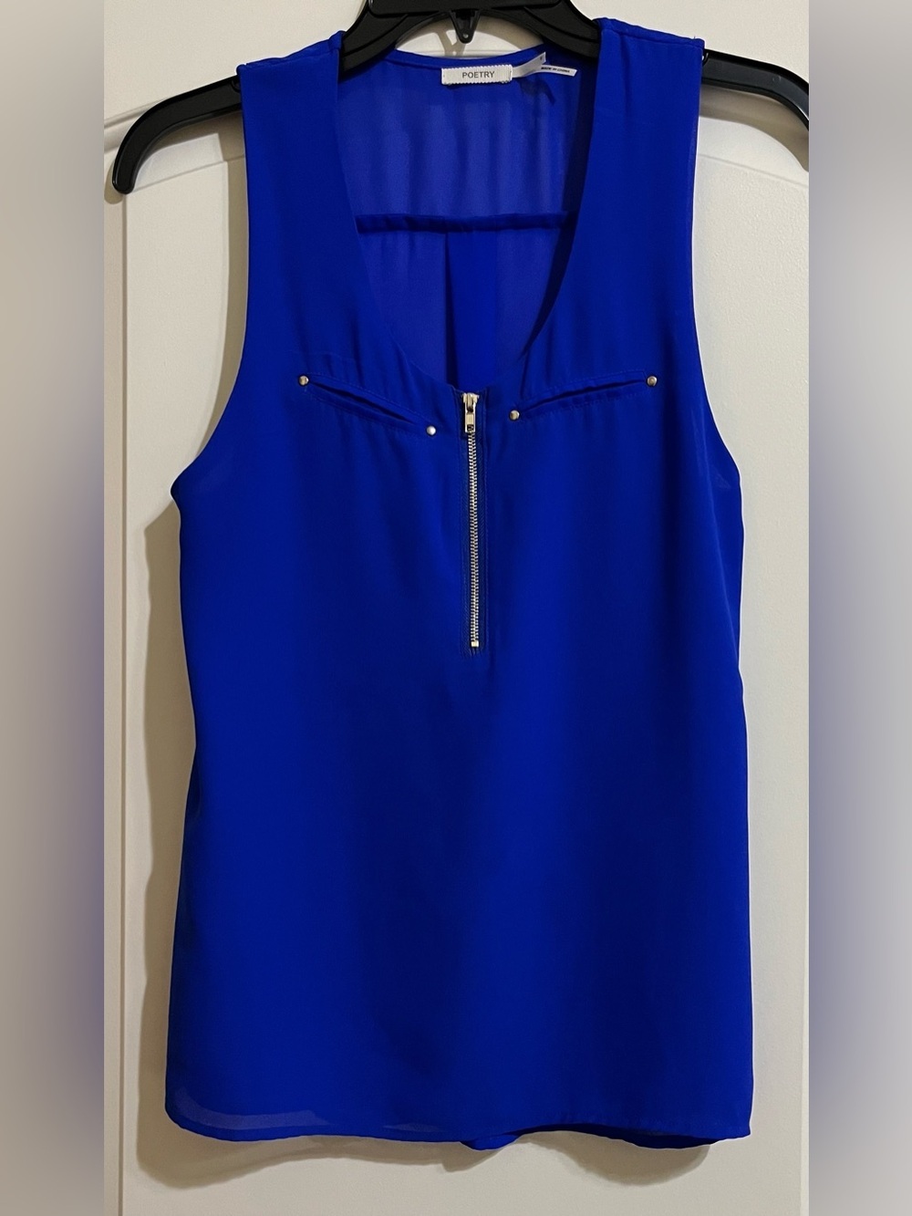 Poetry Royal Blue Sleeveless Gold 1/4 Zip & Studded Front Blouse Top Size Medium